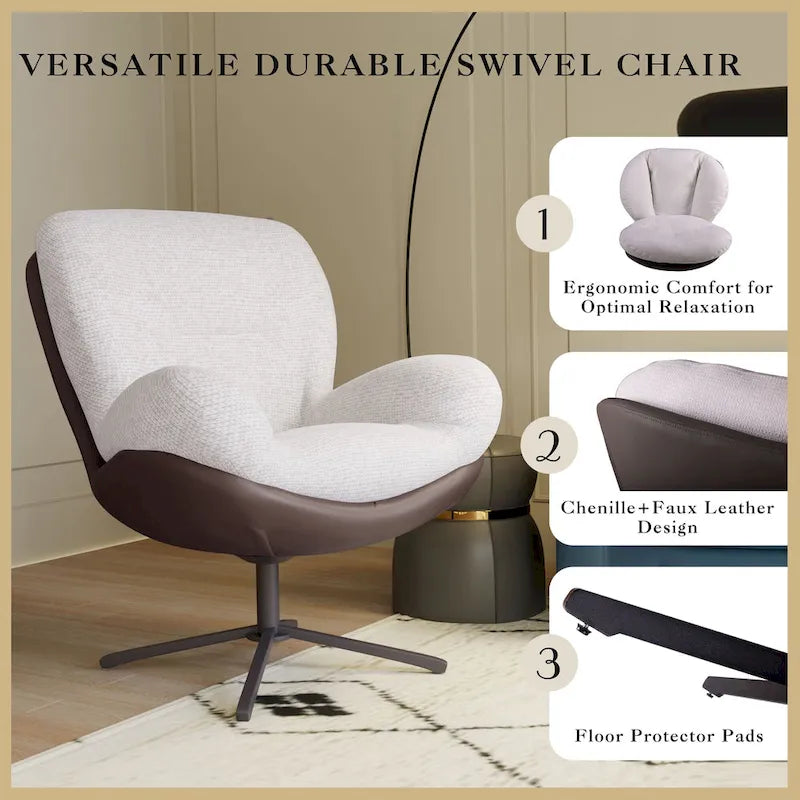 Poltrona girevole a 360° accentata nera/blu navy e grigia/marrone bianco – ciniglia e similpelle, seduta singola