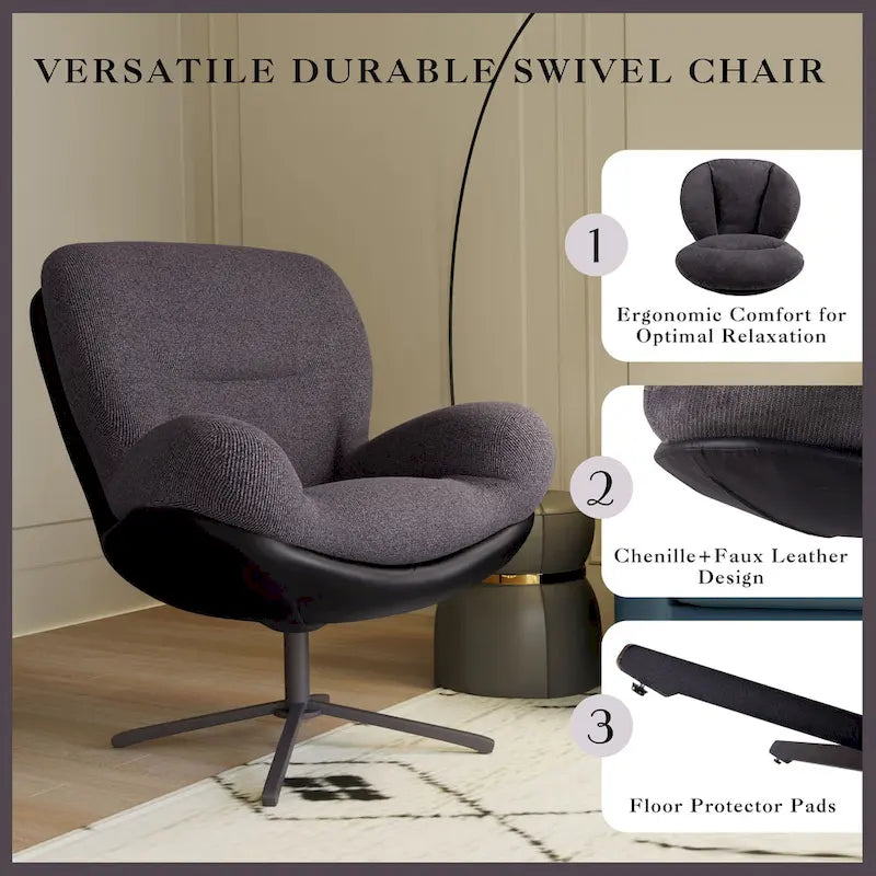 Poltrona girevole a 360° accentata nera/blu navy e grigia/marrone bianco – ciniglia e similpelle, seduta singola