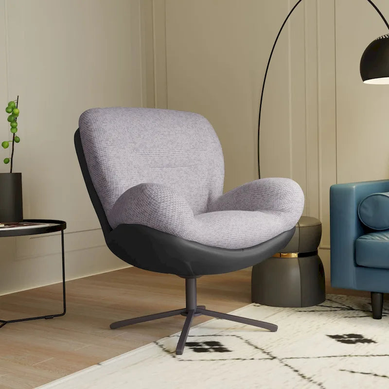 Poltrona girevole a 360° accentata nera/blu navy e grigia/marrone bianco – ciniglia e similpelle, seduta singola