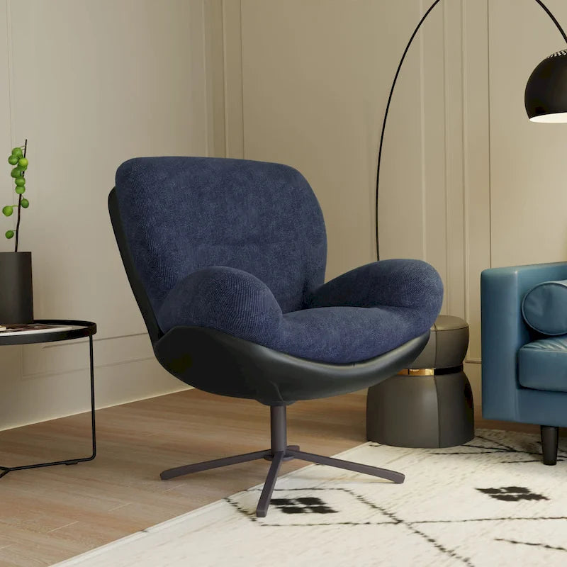 Poltrona girevole a 360° accentata nera/blu navy e grigia/marrone bianco – ciniglia e similpelle, seduta singola