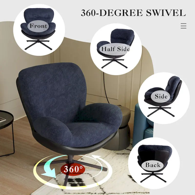 Poltrona girevole a 360° accentata nera/blu navy e grigia/marrone bianco – ciniglia e similpelle, seduta singola
