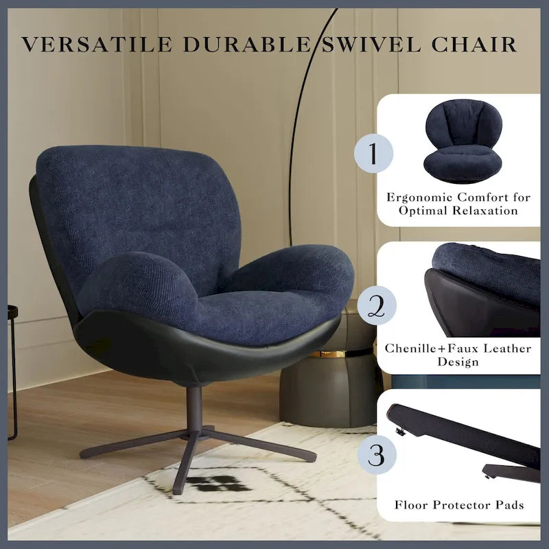 Poltrona girevole a 360° accentata nera/blu navy e grigia/marrone bianco – ciniglia e similpelle, seduta singola