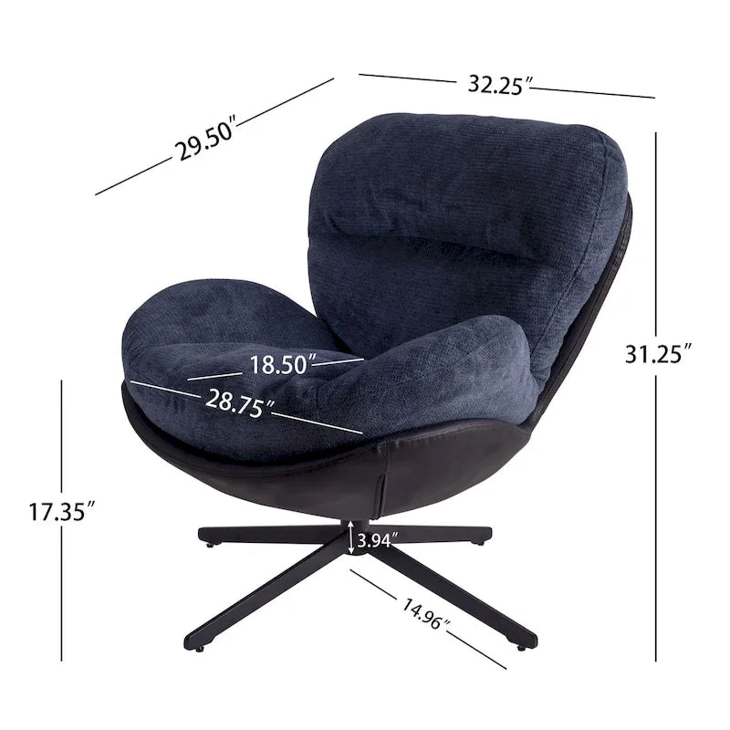 Poltrona girevole a 360° accentata nera/blu navy e grigia/marrone bianco – ciniglia e similpelle, seduta singola
