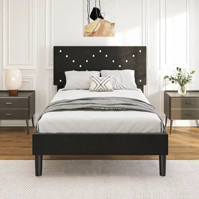 Letto a piattaforma imbottito nero, singolo, per 1 persona