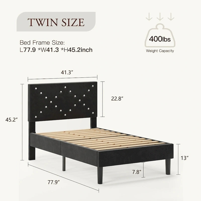 Letto a piattaforma imbottito nero, singolo, per 1 persona