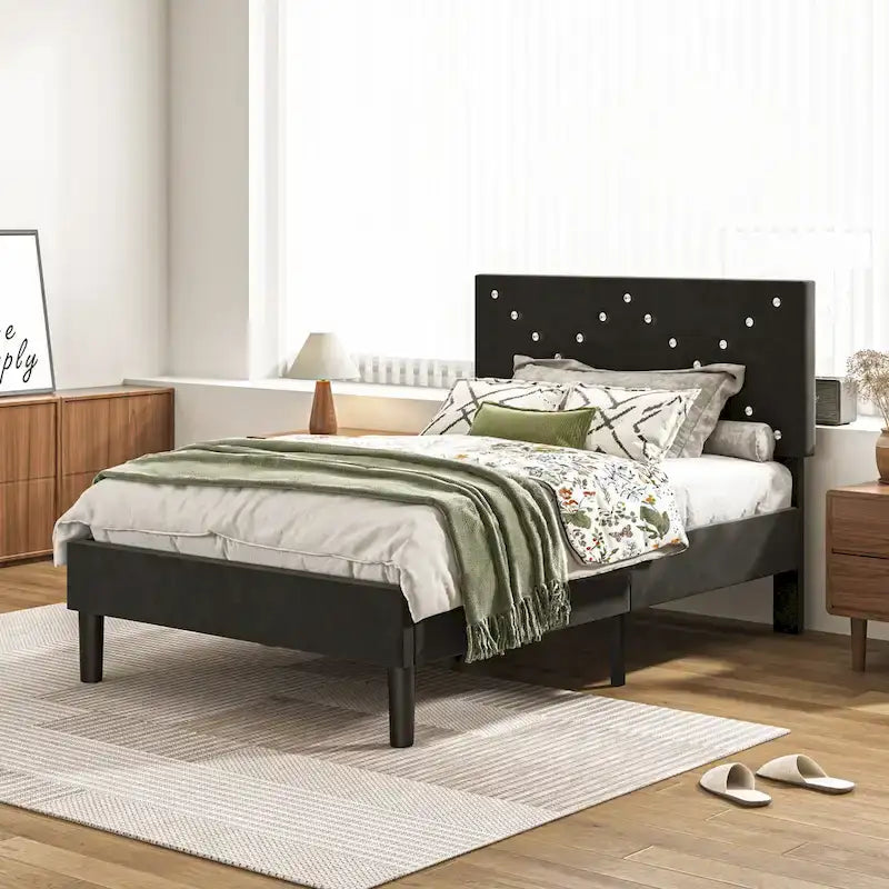 Letto a piattaforma imbottito nero, singolo, per 1 persona