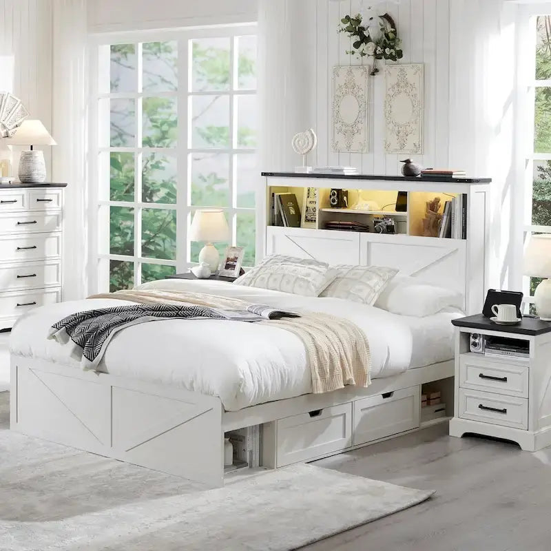Struttura Letto Matrimoniale in Stile Rustico con Testiera Contenitore e Cassetti – Marrone / Marrone Caldo / Bianco / Nero, Per 2