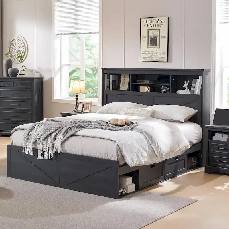 Struttura Letto Matrimoniale in Stile Rustico con Testiera Contenitore e Cassetti – Marrone / Marrone Caldo / Bianco / Nero, Per 2