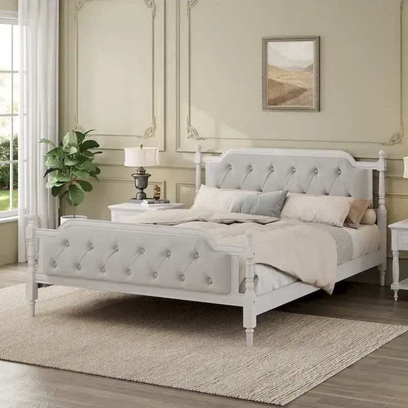 Letto a piattaforma imbottito con testiera in bianco antico – Queen, ospita 1-2 persone