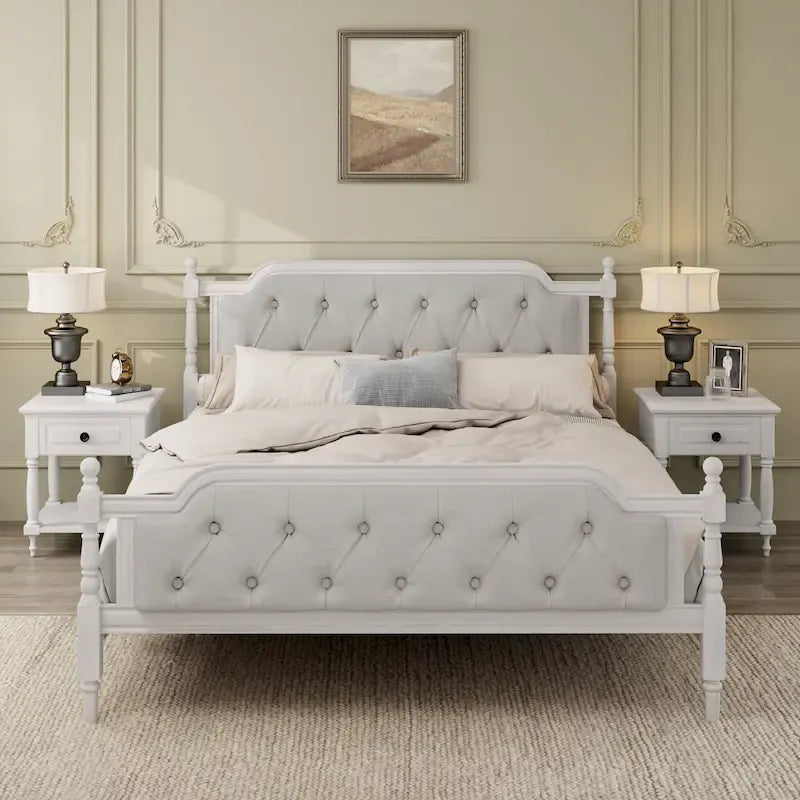 Letto a piattaforma imbottito con testiera in bianco antico – Queen, ospita 1-2 persone
