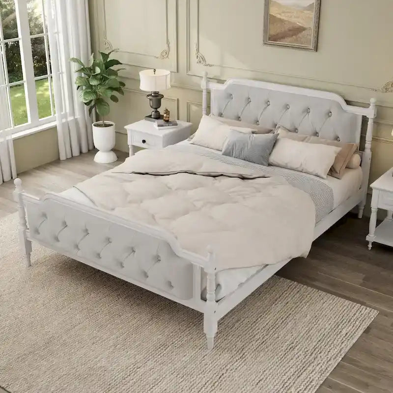 Letto a piattaforma imbottito con testiera in bianco antico – Queen, ospita 1-2 persone