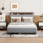 Letto a piattaforma imbottito in lino grigio/beige con testiera contenitore e letto estraibile – Queen, Per 2 persone