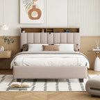 Letto a piattaforma imbottito in lino grigio/beige con testiera contenitore e letto estraibile – Queen, Per 2 persone