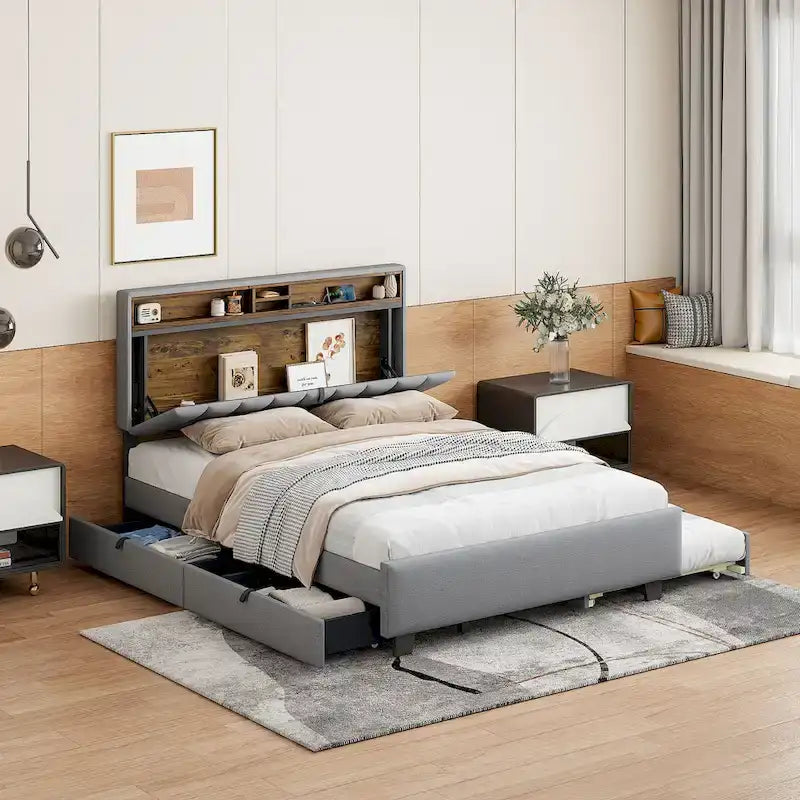 Letto a piattaforma imbottito in lino grigio/beige con testiera contenitore e letto estraibile – Queen, Per 2 persone