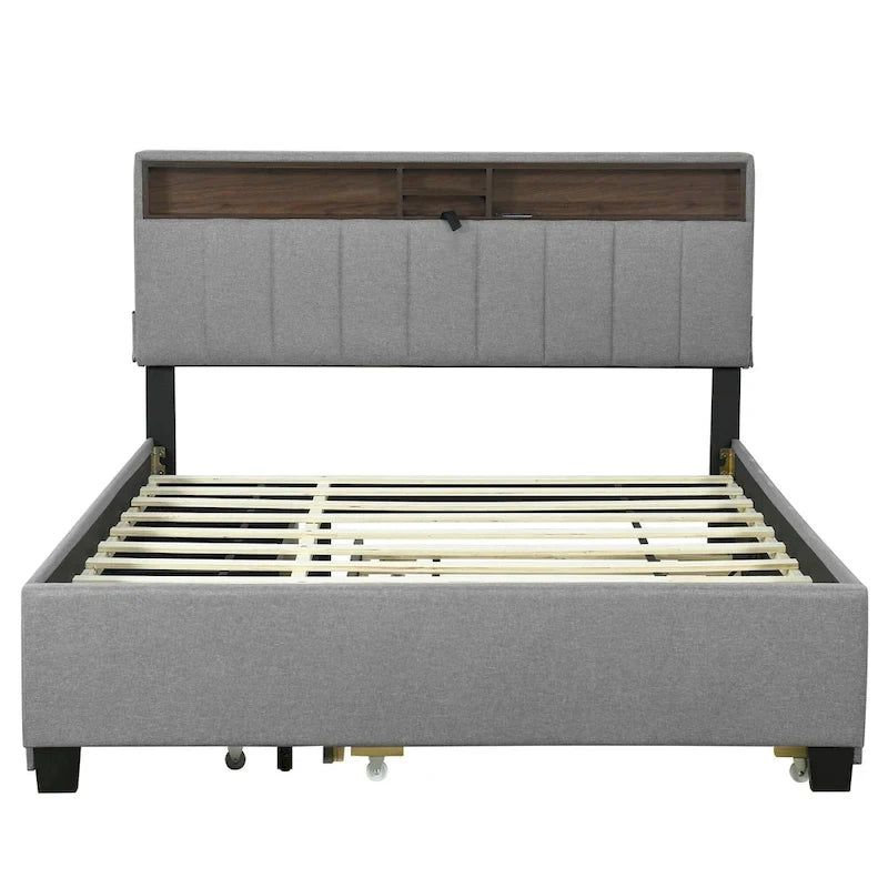 Letto a piattaforma imbottito in lino grigio/beige con testiera contenitore e letto estraibile – Queen, Per 2 persone