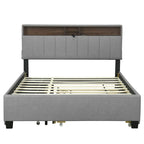 Letto a piattaforma imbottito in lino grigio/beige con testiera contenitore e letto estraibile – Queen, Per 2 persone