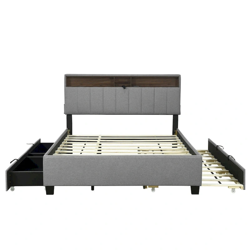 Letto a piattaforma imbottito in lino grigio/beige con testiera contenitore e letto estraibile – Queen, Per 2 persone