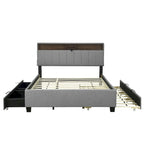 Letto a piattaforma imbottito in lino grigio/beige con testiera contenitore e letto estraibile – Queen, Per 2 persone