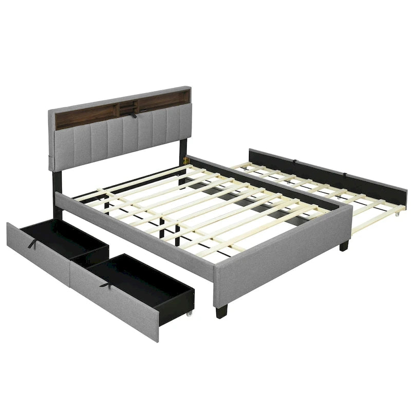Letto a piattaforma imbottito in lino grigio/beige con testiera contenitore e letto estraibile – Queen, Per 2 persone