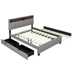 Letto a piattaforma imbottito in lino grigio/beige con testiera contenitore e letto estraibile – Queen, Per 2 persone