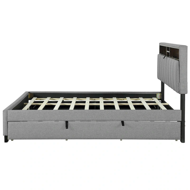 Letto a piattaforma imbottito in lino grigio/beige con testiera contenitore e letto estraibile – Queen, Per 2 persone