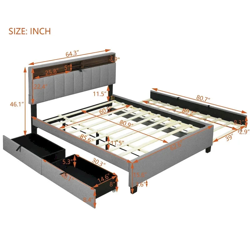 Letto a piattaforma imbottito in lino grigio/beige con testiera contenitore e letto estraibile – Queen, Per 2 persone