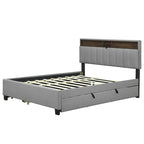 Letto a piattaforma imbottito in lino grigio/beige con testiera contenitore e letto estraibile – Queen, Per 2 persone