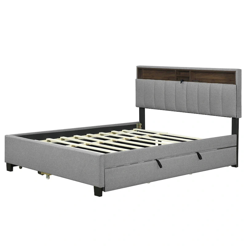 Letto a piattaforma imbottito in lino grigio/beige con testiera contenitore e letto estraibile – Queen, Per 2 persone