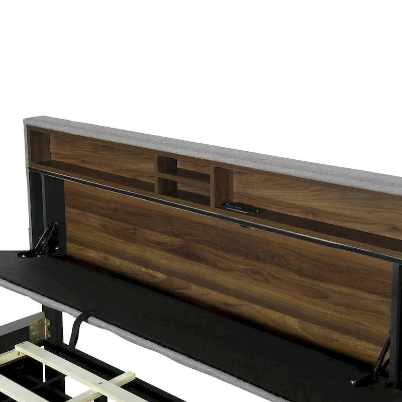 Letto a piattaforma imbottito in lino grigio/beige con testiera contenitore e letto estraibile – Queen, Per 2 persone
