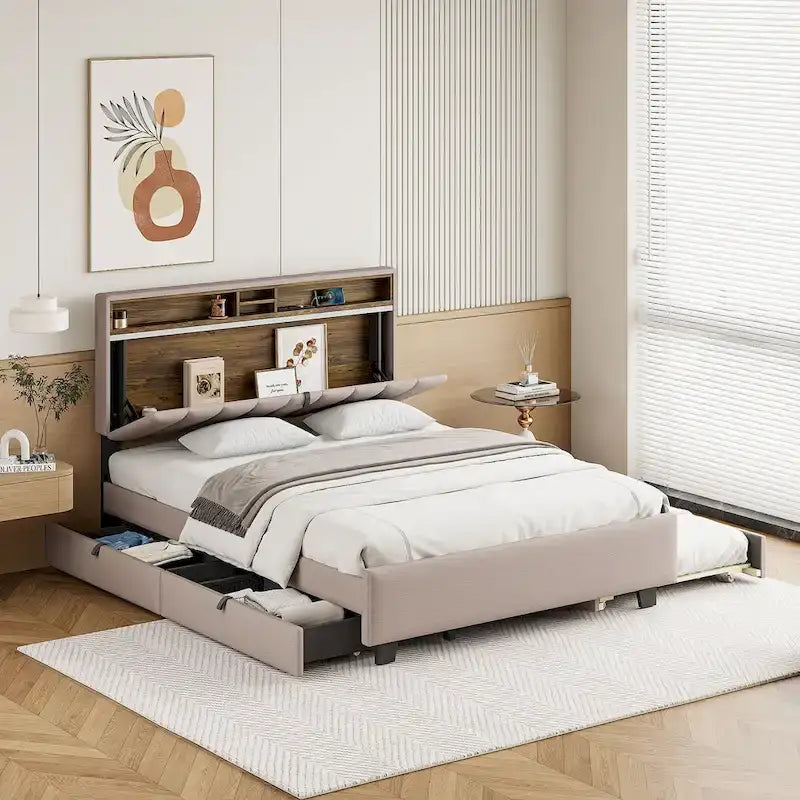 Letto a piattaforma imbottito in lino grigio/beige con testiera contenitore e letto estraibile – Queen, Per 2 persone