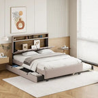 Letto a piattaforma imbottito in lino grigio/beige con testiera contenitore e letto estraibile – Queen, Per 2 persone