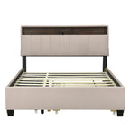 Letto a piattaforma imbottito in lino grigio/beige con testiera contenitore e letto estraibile – Queen, Per 2 persone