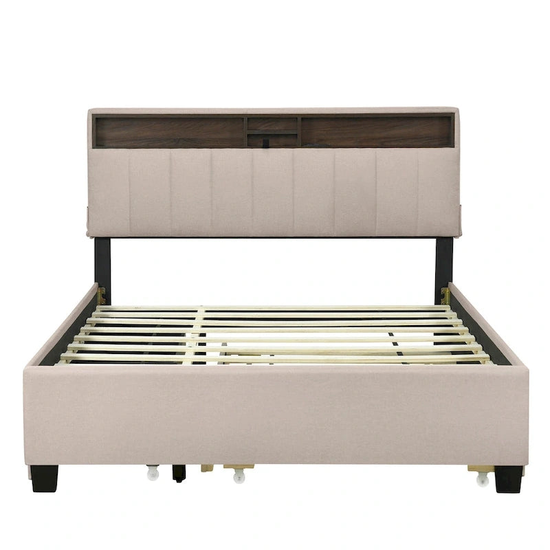 Letto a piattaforma imbottito in lino grigio/beige con testiera contenitore e letto estraibile – Queen, Per 2 persone