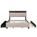 Letto a piattaforma imbottito in lino grigio/beige con testiera contenitore e letto estraibile – Queen, Per 2 persone