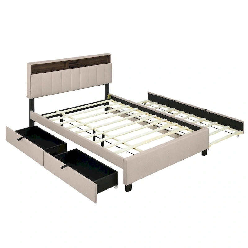 Letto a piattaforma imbottito in lino grigio/beige con testiera contenitore e letto estraibile – Queen, Per 2 persone