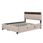 Letto a piattaforma imbottito in lino grigio/beige con testiera contenitore e letto estraibile – Queen, Per 2 persone