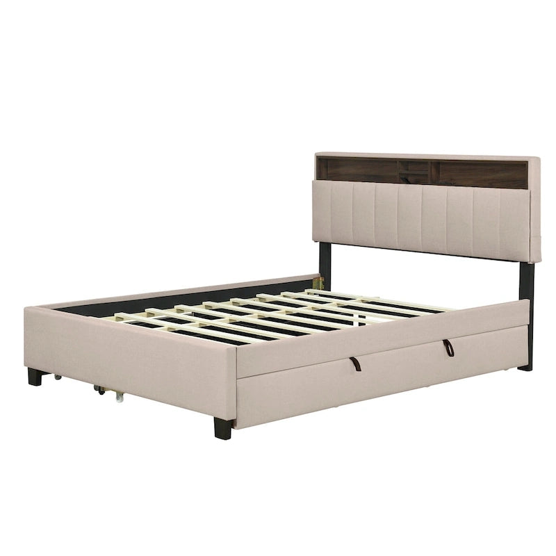 Letto a piattaforma imbottito in lino grigio/beige con testiera contenitore e letto estraibile – Queen, Per 2 persone