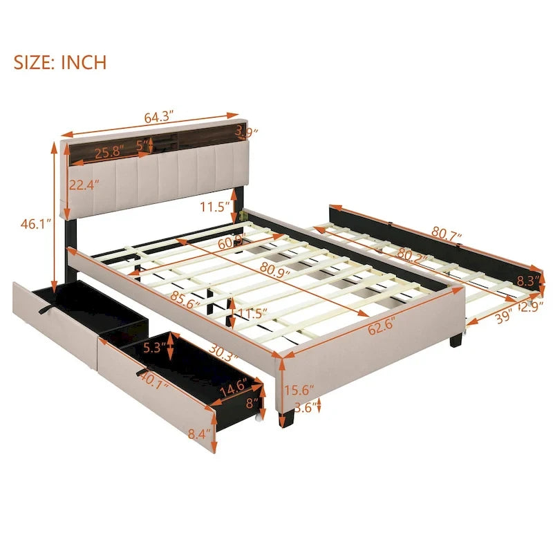 Letto a piattaforma imbottito in lino grigio/beige con testiera contenitore e letto estraibile – Queen, Per 2 persone