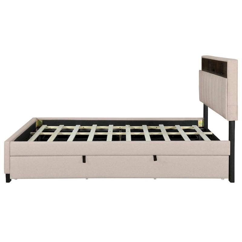 Letto a piattaforma imbottito in lino grigio/beige con testiera contenitore e letto estraibile – Queen, Per 2 persone