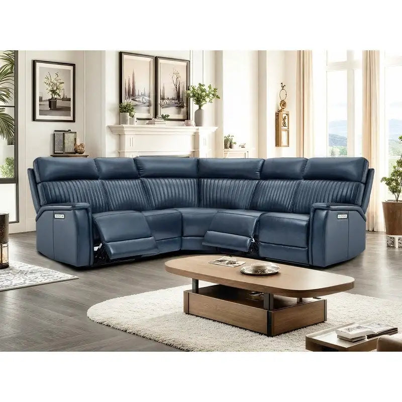 Divano Sezionale Reclinabile Elettrico in Vera Pelle Crema/Blu, 2 Posti