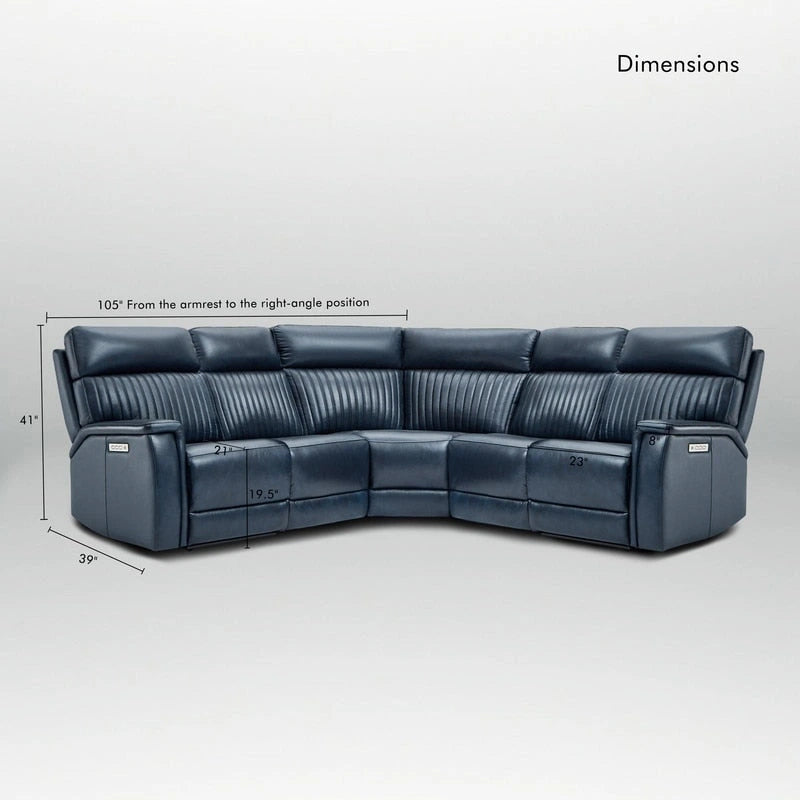 Divano Sezionale Reclinabile Elettrico in Vera Pelle Crema/Blu, 2 Posti