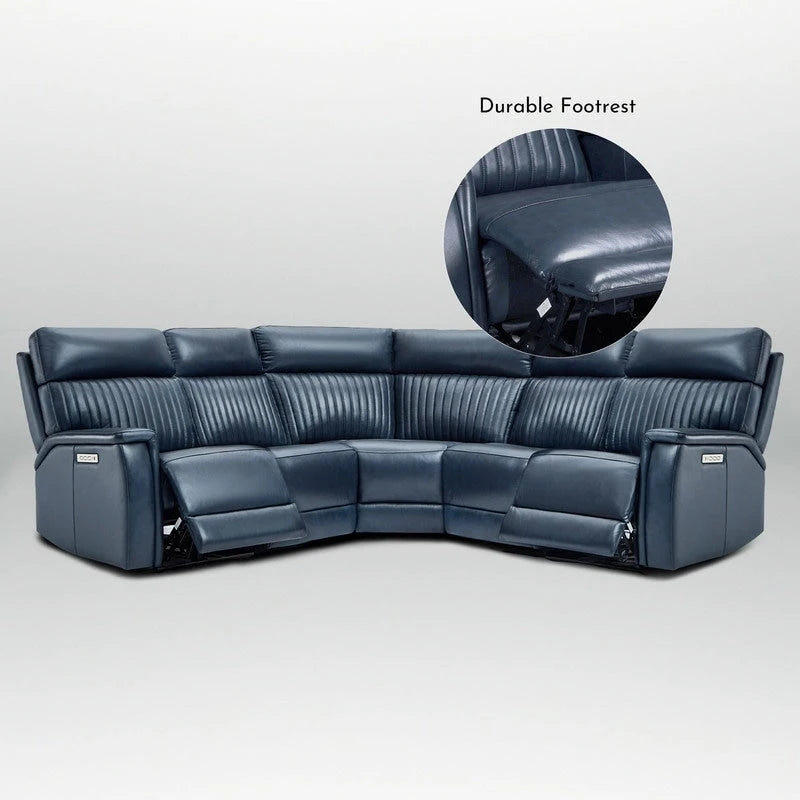 Divano Sezionale Reclinabile Elettrico in Vera Pelle Crema/Blu, 2 Posti