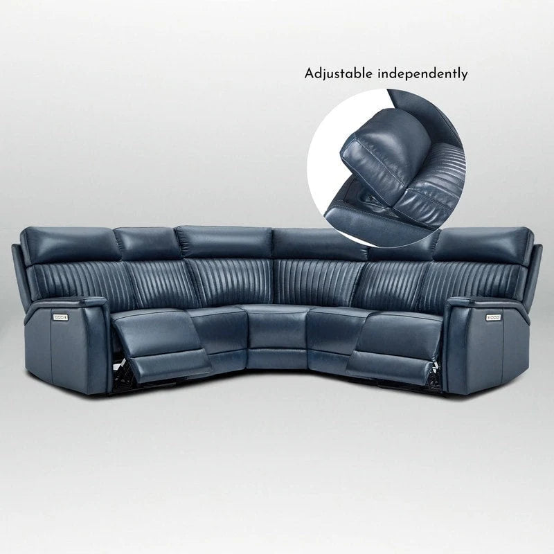 Divano Sezionale Reclinabile Elettrico in Vera Pelle Crema/Blu, 2 Posti