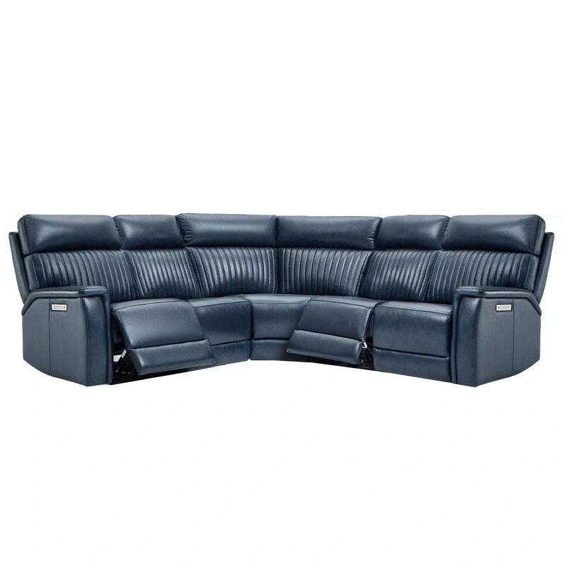 Divano Sezionale Reclinabile Elettrico in Vera Pelle Crema/Blu, 2 Posti