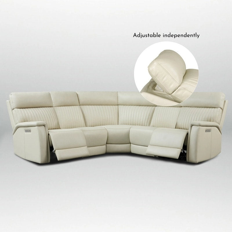 Divano Sezionale Reclinabile Elettrico in Vera Pelle Crema/Blu, 2 Posti