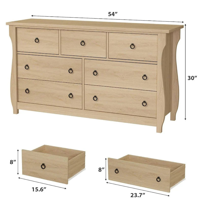 Cassettiera bianca a 7 cassetti con gambe curve e inserti in rattan