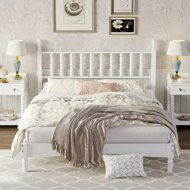 Letto matrimoniale Queen size con testiera a forma di zucca – Struttura in legno, 2 posti (Bianco / Noce / Naturale)