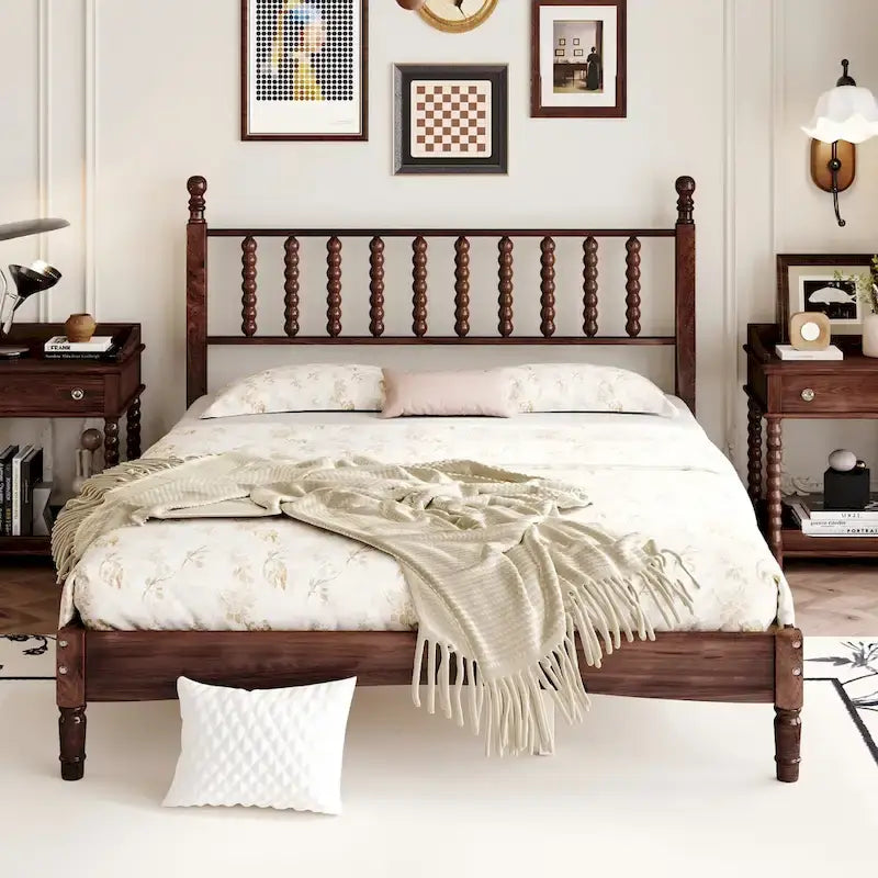 Letto matrimoniale Queen size con testiera a forma di zucca – Struttura in legno, 2 posti (Bianco / Noce / Naturale)