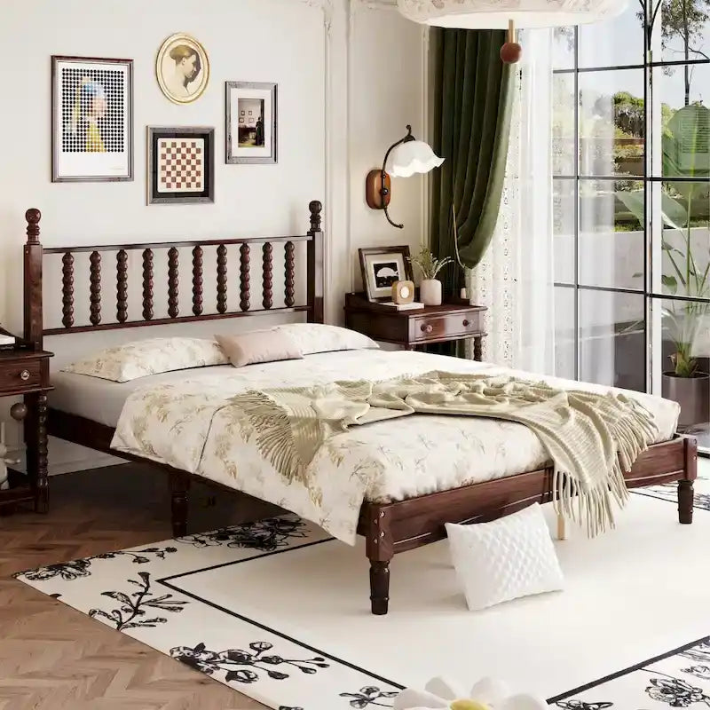 Letto matrimoniale Queen size con testiera a forma di zucca – Struttura in legno, 2 posti (Bianco / Noce / Naturale)