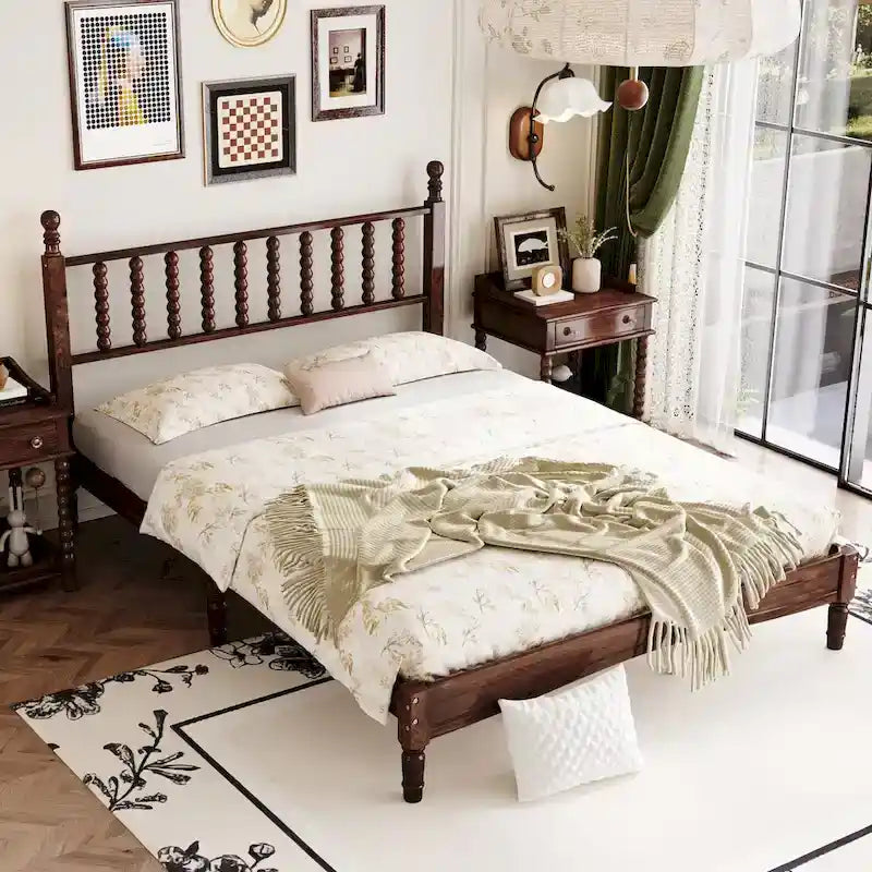Letto matrimoniale Queen size con testiera a forma di zucca – Struttura in legno, 2 posti (Bianco / Noce / Naturale)